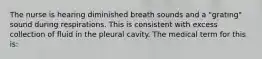 The nurse is hearing diminished breath sounds and a "grating" sound during respirations. This is consistent with excess collection of fluid in the pleural cavity. The medical term for this is: