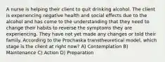 A nurse is helping their client to quit drinking alcohol. The client is experiencing negative health and social effects due to the alcohol and has come to the understanding that they need to change their habits to reverse the symptoms they are experiencing. They have not yet made any changes or told their family. According to the Prochaska transtheoretical model, which stage is the client at right now? A) Contemplation B) Maintenance C) Action D) Preparation