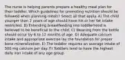 The nurse is helping parents prepare a healthy meal plan for their toddler. Which guidelines for promoting nutrition should be followed when planning meals? Select all that apply. A) The child younger than 2 years of age should have his or her fat intake restricted. B) Extending breastfeeding into toddlerhood is believed to be beneficial to the child. C) Weaning from the bottle should occur by 6 to 12 months of age. D) Adequate calcium intake and appropriate exercise lay the foundation for proper bone mineralization. E) The toddler requires an average intake of 500 mg calcium per day. F) Toddlers tend to have the highest daily iron intake of any age group