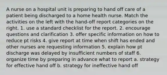 A nurse on a hospital unit is preparing to hand off care of a patient being discharged to a home health nurse. Match the activities on the left with the hand-off report categories on the right. 1. use a standard checklist for the report. 2. encourage questions and clarification 3. offer specific information on how to reduce pt risks 4. give report at time when shift has ended and other nurses are requesting information 5. explain how pt discharge was delayed by insufficient numbers of staff 6. organize time by preparing in advance what to report a. strategy for effective hand off b. strategy for ineffective hand off