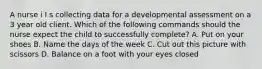 A nurse i I s collecting data for a developmental assessment on a 3 year old client. Which of the following commands should the nurse expect the child to successfully complete? A. Put on your shoes B. Name the days of the week C. Cut out this picture with scissors D. Balance on a foot with your eyes closed