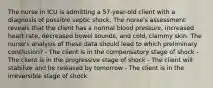 The nurse in ICU is admitting a 57-year-old client with a diagnosis of possible septic shock. The nurse's assessment reveals that the client has a normal blood pressure, increased heart rate, decreased bowel sounds, and cold, clammy skin. The nurse's analysis of these data should lead to which preliminary conclusion? - The client is in the compensatory stage of shock - The client is in the progressive stage of shock - The client will stabilize and be released by tomorrow - The client is in the irreversible stage of shock