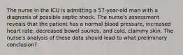 The nurse in the ICU is admitting a 57-year-old man with a diagnosis of possible septic shock. The nurse's assessment reveals that the patient has a normal blood pressure, increased heart rate, decreased bowel sounds, and cold, clammy skin. The nurse's analysis of these data should lead to what preliminary conclusion?