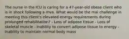 The nurse in the ICU is caring for a 47-year-old obese client who is in shock following a mva. What would be the mai challenge in meeting this client's elevated energy requirements during prolonged rehabilitation? - Loss of adipose tissue - Loss of skeletal muscle - Inability to convert adipose tissue to energy - Inability to maintain normal body mass