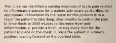 The nurse has identified a nursing diagnosis of acute pain related to inflammatory process for a patient with acute pericarditis. An appropriate intervention by the nurse for this problem is to a. teach the patient to take deep, slow breaths to control the pain. b. force fluids to 3000 mL/day to decrease fever and inflammation. c. provide a fresh ice bag every hour for the patient to place on the chest. d. place the patient in Fowler's position, leaning forward on the overbed table.