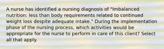 A nurse has identified a nursing diagnosis of "Imbalanced nutrition: less than body requirements related to continued weight loss despite adequate intake." During the implementation phase of the nursing process, which activities would be appropriate for the nurse to perform in care of this client? Select all that apply.