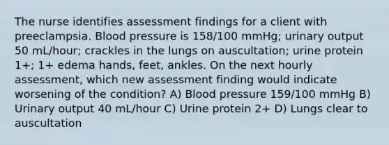 The nurse identifies assessment findings for a client with preeclampsia. Blood pressure is 158/100 mmHg; urinary output 50 mL/hour; crackles in the lungs on auscultation; urine protein 1+; 1+ edema hands, feet, ankles. On the next hourly assessment, which new assessment finding would indicate worsening of the condition? A) Blood pressure 159/100 mmHg B) Urinary output 40 mL/hour C) Urine protein 2+ D) Lungs clear to auscultation