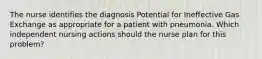 The nurse identifies the diagnosis Potential for Ineffective Gas Exchange as appropriate for a patient with pneumonia. Which independent nursing actions should the nurse plan for this problem?