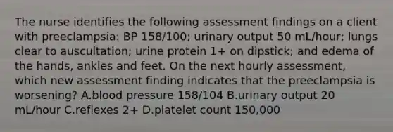 The nurse identifies the following assessment findings on a client with preeclampsia: BP 158/100; urinary output 50 mL/hour; lungs clear to auscultation; urine protein 1+ on dipstick; and edema of the hands, ankles and feet. On the next hourly assessment, which new assessment finding indicates that the preeclampsia is worsening? A.blood pressure 158/104 B.urinary output 20 mL/hour C.reflexes 2+ D.platelet count 150,000