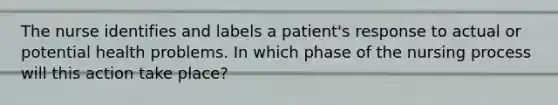 The nurse identifies and labels a patient's response to actual or potential health problems. In which phase of the nursing process will this action take place?