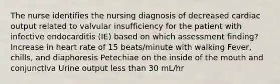 The nurse identifies the nursing diagnosis of decreased cardiac output related to valvular insufficiency for the patient with infective endocarditis (IE) based on which assessment finding? Increase in heart rate of 15 beats/minute with walking Fever, chills, and diaphoresis Petechiae on the inside of the mouth and conjunctiva Urine output less than 30 mL/hr