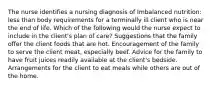 The nurse identifies a nursing diagnosis of Imbalanced nutrition: less than body requirements for a terminally ill client who is near the end of life. Which of the following would the nurse expect to include in the client's plan of care? Suggestions that the family offer the client foods that are hot. Encouragement of the family to serve the client meat, especially beef. Advice for the family to have fruit juices readily available at the client's bedside. Arrangements for the client to eat meals while others are out of the home.