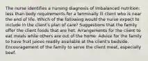 The nurse identifies a nursing diagnosis of Imbalanced nutrition: less than body requirements for a terminally ill client who is near the end of life. Which of the following would the nurse expect to include in the client's plan of care? Suggestions that the family offer the client foods that are hot. Arrangements for the client to eat meals while others are out of the home. Advice for the family to have fruit juices readily available at the client's bedside. Encouragement of the family to serve the client meat, especially beef.