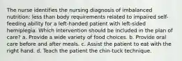 The nurse identifies the nursing diagnosis of imbalanced nutrition: less than body requirements related to impaired self-feeding ability for a left-handed patient with left-sided hemiplegia. Which intervention should be included in the plan of care? a. Provide a wide variety of food choices. b. Provide oral care before and after meals. c. Assist the patient to eat with the right hand. d. Teach the patient the chin-tuck technique.