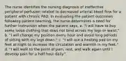 The nurse identifies the nursing diagnosis of ineffective peripheral perfusion related to decreased arterial blood flow for a patient with chronic PAD. In evaluating the patient outcomes following patient teaching, the nurse determines a need for further instruction when the patient says, a. "I will have to buy some loose clothing that does not bind across my legs or waist." b. "I will change my position every hour and avoid long periods of sitting with my legs down." c. "I will use a heating pad on my feet at night to increase the circulation and warmth in my feet." d. "I will walk to the point of pain, rest, and walk again until I develop pain for a half hour daily."