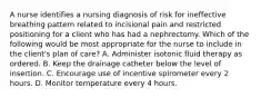 A nurse identifies a nursing diagnosis of risk for ineffective breathing pattern related to incisional pain and restricted positioning for a client who has had a nephrectomy. Which of the following would be most appropriate for the nurse to include in the client's plan of care? A. Administer isotonic fluid therapy as ordered. B. Keep the drainage catheter below the level of insertion. C. Encourage use of incentive spirometer every 2 hours. D. Monitor temperature every 4 hours.