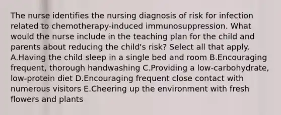 The nurse identifies the nursing diagnosis of risk for infection related to chemotherapy-induced immunosuppression. What would the nurse include in the teaching plan for the child and parents about reducing the child's risk? Select all that apply. A.Having the child sleep in a single bed and room B.Encouraging frequent, thorough handwashing C.Providing a low-carbohydrate, low-protein diet D.Encouraging frequent close contact with numerous visitors E.Cheering up the environment with fresh flowers and plants