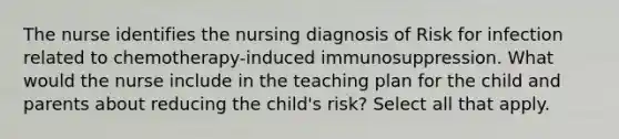 The nurse identifies the nursing diagnosis of Risk for infection related to chemotherapy-induced immunosuppression. What would the nurse include in the teaching plan for the child and parents about reducing the child's risk? Select all that apply.