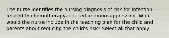 The nurse identifies the nursing diagnosis of risk for infection related to chemotherapy-induced immunosuppression. What would the nurse include in the teaching plan for the child and parents about reducing the child's risk? Select all that apply.