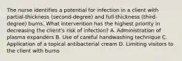 The nurse identifies a potential for infection in a client with partial-thickness (second-degree) and full-thickness (third-degree) burns. What intervention has the highest priority in decreasing the client's risk of infection? A. Administration of plasma expanders B. Use of careful handwashing technique C. Application of a topical antibacterial cream D. Limiting visitors to the client with burns