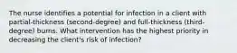 The nurse identifies a potential for infection in a client with partial-thickness (second-degree) and full-thickness (third- degree) burns. What intervention has the highest priority in decreasing the client's risk of infection?