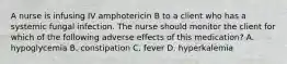 A nurse is infusing IV amphotericin B to a client who has a systemic fungal infection. The nurse should monitor the client for which of the following adverse effects of this medication? A. hypoglycemia B. constipation C. fever D. hyperkalemia