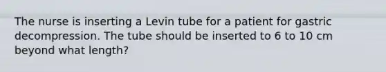 The nurse is inserting a Levin tube for a patient for gastric decompression. The tube should be inserted to 6 to 10 cm beyond what length?