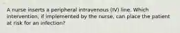 A nurse inserts a peripheral intravenous (IV) line. Which intervention, if implemented by the nurse, can place the patient at risk for an infection?