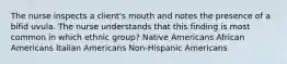 The nurse inspects a client's mouth and notes the presence of a bifid uvula. The nurse understands that this finding is most common in which ethnic group? Native Americans African Americans Italian Americans Non-Hispanic Americans