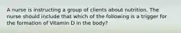 A nurse is instructing a group of clients about nutrition. The nurse should include that which of the following is a trigger for the formation of Vitamin D in the body?