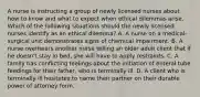 A nurse is instructing a group of newly licensed nurses about how to know and what to expect when ethical dilemmas arise. Which of the following situations should the newly licensed nurses identify as an ethical dilemma? A. A nurse on a medical-surgical unit demonstrates signs of chemical impairment. B. A nurse overhears another nurse telling an older adult client that if he doesn't stay in bed, she will have to apply restraints. C. A family has conflicting feelings about the initiation of enteral tube feedings for their father, who is terminally ill. D. A client who is terminally ill hesitates to name their partner on their durable power of attorney form.