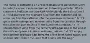 The nurse is instructing an unlicensed assistive personnel (UAP) to collect a urine specimen from an indwelling catheter. Which statement indicates that the UAP understands the instructions? a. "I'll disconnect the drainage tube from the catheter and let urine run from the catheter into the specimen container." b. "I'll get a sterile syringe and remove urine from the catheter through the collection port to place in the specimen container." c. "I should collect urine from the catheter drainage bag at the end of the shift and place it in the specimen container." d. "I'll empty the catheter drainage bag, have the client drink some water, and an hour later collect the urine that drains into the bag."