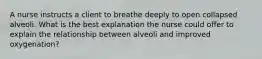 A nurse instructs a client to breathe deeply to open collapsed alveoli. What is the best explanation the nurse could offer to explain the relationship between alveoli and improved oxygenation?