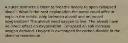 A nurse instructs a client to breathe deeply to open collapsed alveoli. What is the best explanation the nurse could offer to explain the relationship between alveoli and improved oxygenation? The alveoli need oxygen to live. The alveoli have no direct effect on oxygenation. Collapsed alveoli increase oxygen demand. Oxygen is exchanged for carbon dioxide in the alveolar membrane.