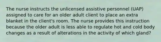 The nurse instructs the unlicensed assistive personnel (UAP) assigned to care for an older adult client to place an extra blanket in the client's room. The nurse provides this instruction because the older adult is less able to regulate hot and cold body changes as a result of alterations in the activity of which gland?