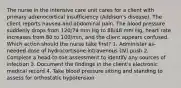 The nurse in the intensive care unit cares for a client with primary adrenocortical insufficiency (Addison's disease). The client reports nausea and abdominal pain. The blood pressure suddenly drops from 120/74 mm Hg to 88/48 mm Hg, heart rate increases from 80 to 100/min, and the client appears confused. Which action should the nurse take first? 1. Administer as-needed dose of hydrocortisone intravenous (IV) push 2. Complete a head-to-toe assessment to identify any sources of infection 3. Document the findings in the client's electronic medical record 4. Take blood pressure sitting and standing to assess for orthostatic hypotension