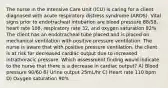 The nurse in the Intensive Care Unit (ICU) is caring for a client diagnosed with acute respiratory distress syndrome (ARDS). Vital signs prior to endotracheal intubation are blood pressure 88/58, heart rate 108, respiratory rate 32, and oxygen saturation 82%. The client has an endotracheal tube placed and is placed on mechanical ventilation with positive pressure ventilation. The nurse is aware that with positive pressure ventilation, the client is at risk for decreased cardiac output due to increased intrathoracic pressure. Which assessment finding would indicate to the nurse that there is a decrease in cardiac output? A) Blood pressure 90/60 B) Urine output 25mL/hr C) Heart rate 110 bpm D) Oxygen saturation 90%