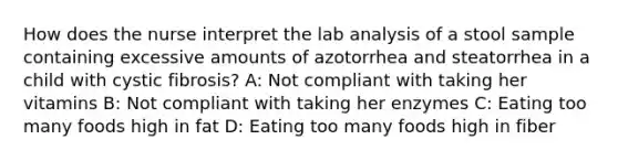 How does the nurse interpret the lab analysis of a stool sample containing excessive amounts of azotorrhea and steatorrhea in a child with cystic fibrosis? A: Not compliant with taking her vitamins B: Not compliant with taking her enzymes C: Eating too many foods high in fat D: Eating too many foods high in fiber