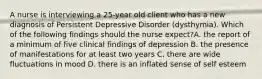 A nurse is interviewing a 25-year old client who has a new diagnosis of Persistent Depressive Disorder (dysthymia). Which of the following findings should the nurse expect?A. the report of a minimum of five clinical findings of depression B. the presence of manifestations for at least two years C. there are wide fluctuations in mood D. there is an inflated sense of self esteem