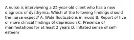 A nurse is interviewing a 25-year-old client who has a new diagnosis of dysthymia. Which of the following findings should the nurse expect? A. Wide fluctuations in mood B. Report of five or more clinical findings of depression C. Presence of manifestations for at least 2 years D. Inflated sense of self-esteem