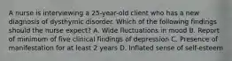 A nurse is interviewing a 25-year-old client who has a new diagnosis of dysthymic disorder. Which of the following findings should the nurse expect? A. Wide fluctuations in mood B. Report of minimum of five clinical findings of depression C. Presence of manifestation for at least 2 years D. Inflated sense of self-esteem