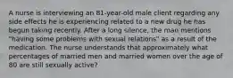 A nurse is interviewing an 81-year-old male client regarding any side effects he is experiencing related to a new drug he has begun taking recently. After a long silence, the man mentions "having some problems with sexual relations" as a result of the medication. The nurse understands that approximately what percentages of married men and married women over the age of 80 are still sexually active?