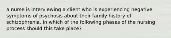 a nurse is interviewing a client who is experiencing negative symptoms of psychosis about their family history of schizophrenia. In which of the following phases of the nursing process should this take place?