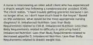 A nurse is interviewing an older adult client who has experienced a drastic weight loss following a cerebrovascular accident (CVA). The client states, "I have trouble getting groceries because I can no longer drive, so I don't have much food in the house." Based on this evidence, what would be the most appropriate nursing diagnosis? A. Imbalanced Nutrition: Less than Body Requirements related to CVA B. Imbalanced Nutrition: Less than Body Requirements related to difficulty in procuring food C. Imbalanced Nutrition: Less than Body Requirements related to decreased appetite D. Imbalanced Nutrition: Less than Body Requirements related to drastic weight loss