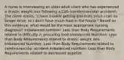 A nurse is interviewing an older adult client who has experienced a drastic weight loss following a CVA (cerebrovascular accident). The client states, "I have trouble getting groceries since I can no longer drive, so I don't have much food in the house." Based on this evidence, what would be the most appropriate nursing diagnosis? Imbalanced nutrition: Less than Body Requirements related to difficulty in procuring food Imbalanced Nutrition: Less than Body Requirements related to drastic weight loss Imbalanced Nutrition: Less than Body Requirements related to cerebrovascular accident Imbalanced nutrition: Less than Body Requirements related to decreased appetite