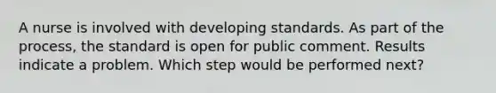 A nurse is involved with developing standards. As part of the process, the standard is open for public comment. Results indicate a problem. Which step would be performed next?