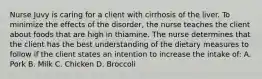 Nurse Juvy is caring for a client with cirrhosis of the liver. To minimize the effects of the disorder, the nurse teaches the client about foods that are high in thiamine. The nurse determines that the client has the best understanding of the dietary measures to follow if the client states an intention to increase the intake of: A. Pork B. Milk C. Chicken D. Broccoli