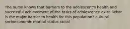 The nurse knows that barriers to the adolescent's health and successful achievement of the tasks of adolescence exist. What is the major barrier to health for this population? cultural socioeconomic marital status racial