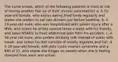 The nurse knows, which of the following patients is most at risk of having another flair up of their chronic pancreatitis? a. A 72-year-old female, who enjoys eating fried foods regularly and states she prefers to eat late dinners just before bedtime. b. A 23-year-old male, who was hospitalized with spleen injury after a MVA, who states he drinks several times a week with his friends, and takes NSAIDs to treat abdominal pain from his accident. c. A 56-year-old male, who prefers drinking milk instead of water with meals, and states his diet consists of mostly legumes and fish. d. A 28-year-old female, with poly cystic ovarian syndrome and a BMI of 31, who states she binges on sweets when she is feeling stressed from work and school.