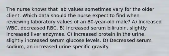 The nurse knows that lab values sometimes vary for the older client. Which data should the nurse expect to find when reviewing laboratory values of an 80-year-old male? A) Increased WBC, decreased RBC. B) Increased serum bilirubin, slightly increased liver enzymes. C) Increased protein in the urine, slightly increased serum glucose levels. D) Decreased serum sodium, an increased urine specific gravity